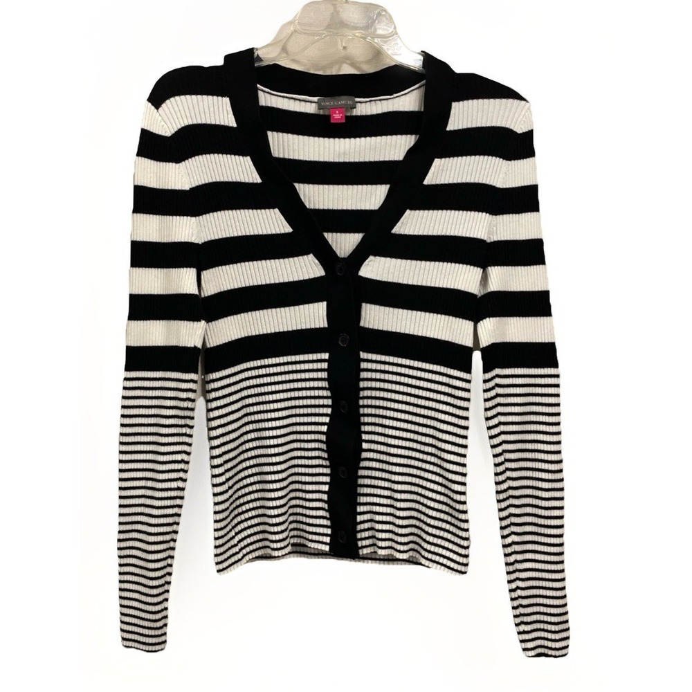 Vince Camuto Long Sleeve Button Down V Neck Striped Sweater Women's Small